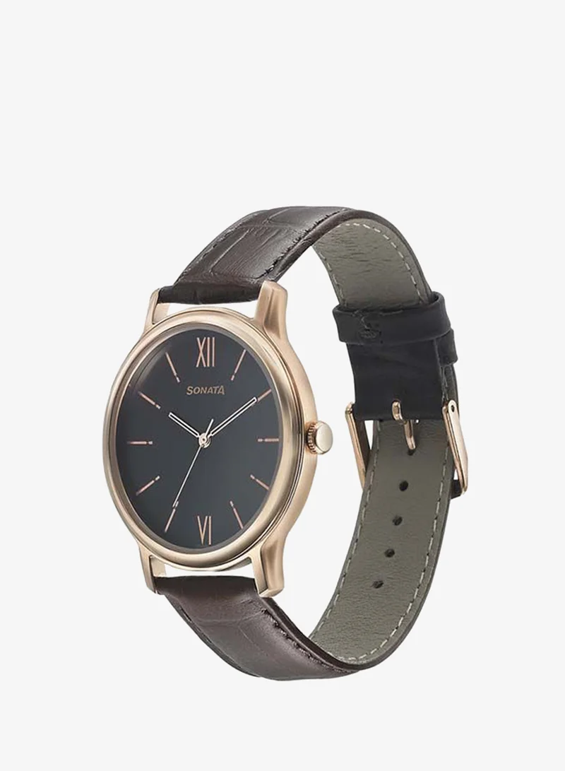 Sonata Round Shape Leather Band Analog Wrist Watch 7128WL04 - 40 mm - Brown