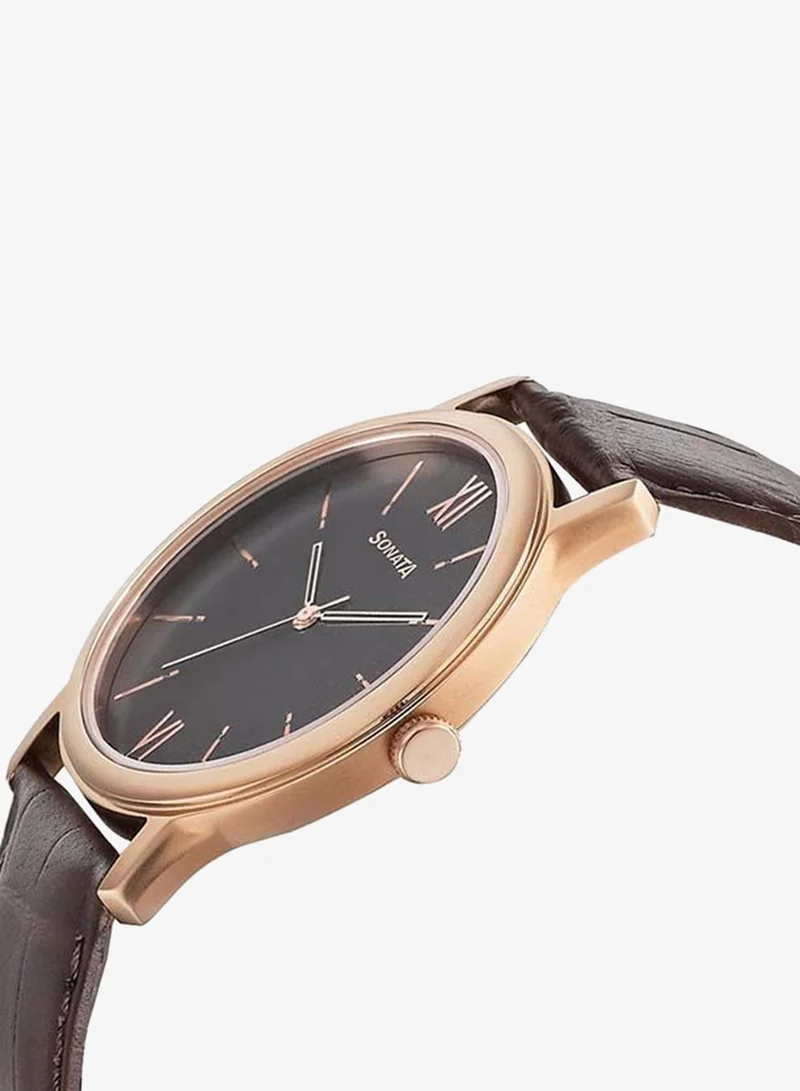 Sonata Round Shape Leather Band Analog Wrist Watch 7128WL04 - 40 mm - Brown