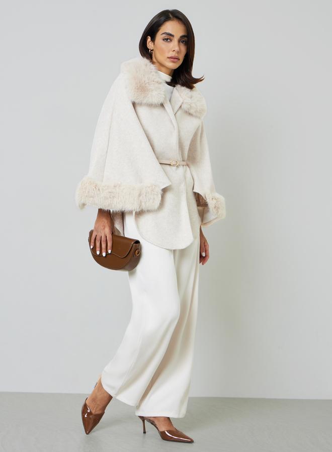Take Two Beige Belted Wool Blend Cape Coat With Faux Fur Trim - Image 2