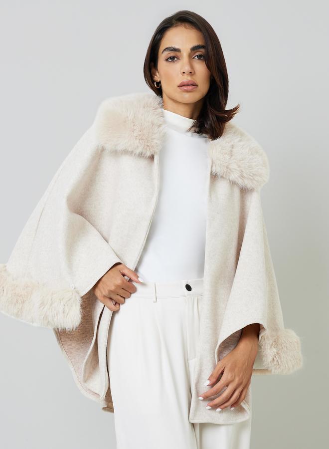 Take Two Beige Belted Wool Blend Cape Coat With Faux Fur Trim - Image 5
