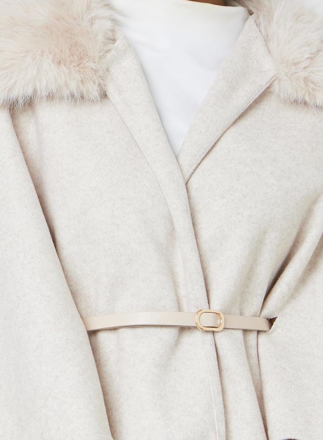 Take Two Beige Belted Wool Blend Cape Coat With Faux Fur Trim - Image 3
