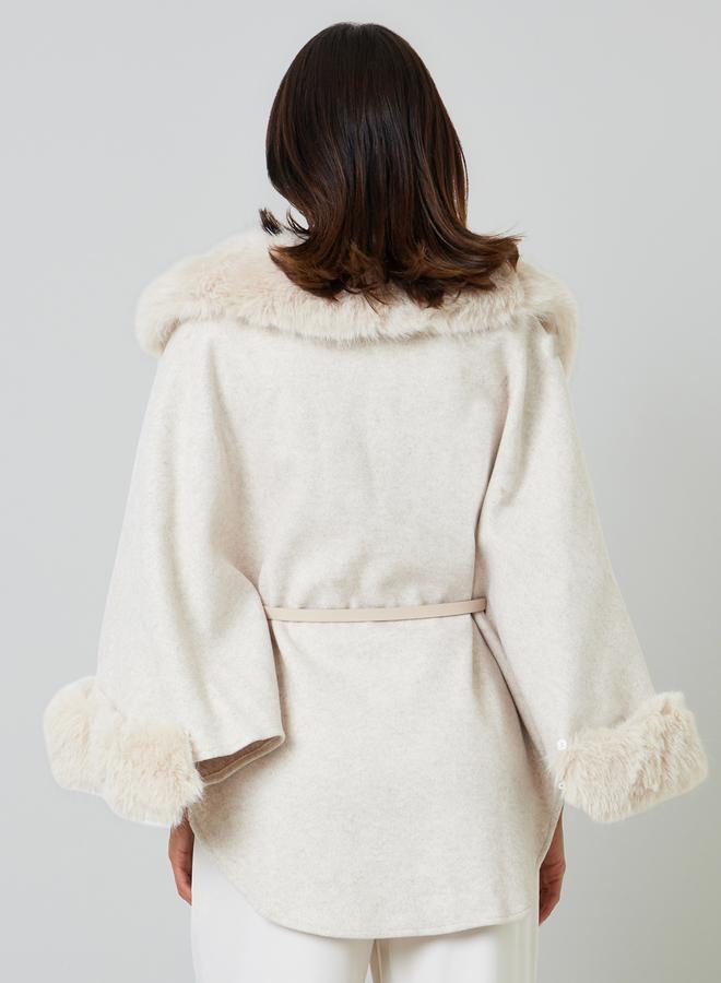 Take Two Beige Belted Wool Blend Cape Coat With Faux Fur Trim - Image 4