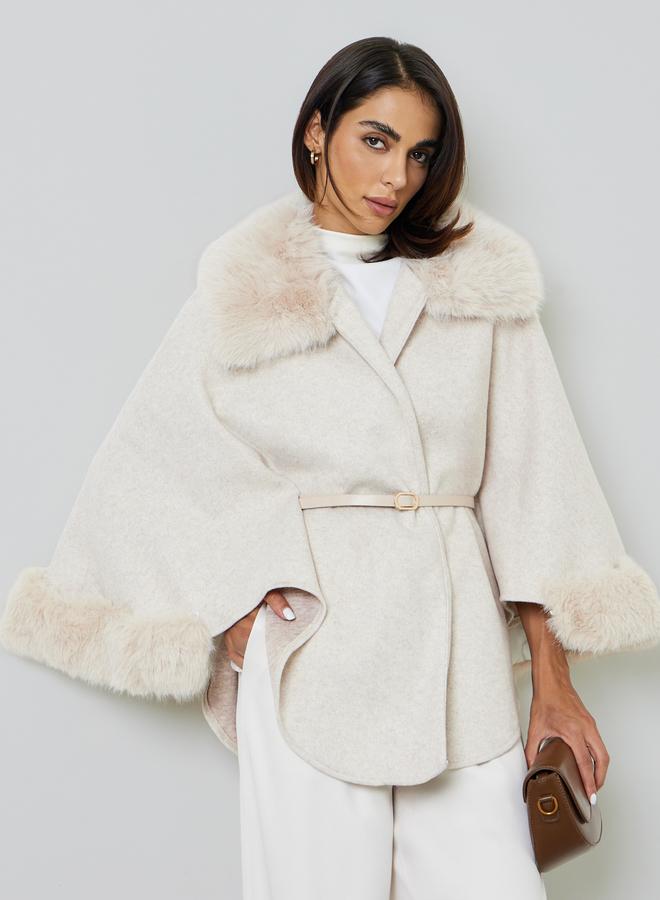 Take Two Beige Belted Wool Blend Cape Coat With Faux Fur Trim - Image 1