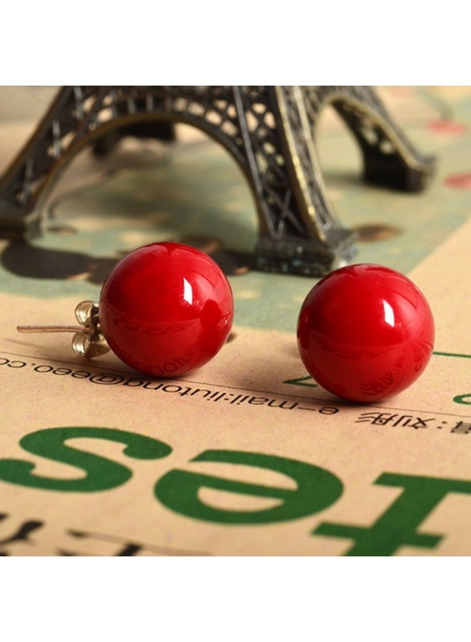 LUREME Women 12Mm Red Shell Bead Silver Tone Classic Round Ball Stud Earrings 02001451 - Image 2
