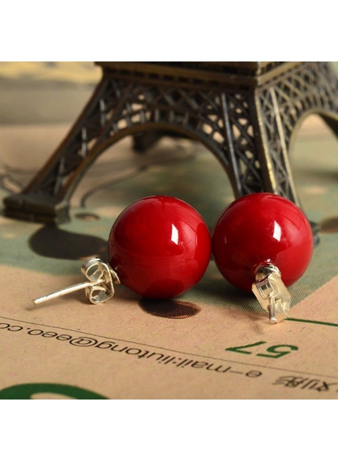 LUREME Women 12Mm Red Shell Bead Silver Tone Classic Round Ball Stud Earrings 02001451 - Image 3