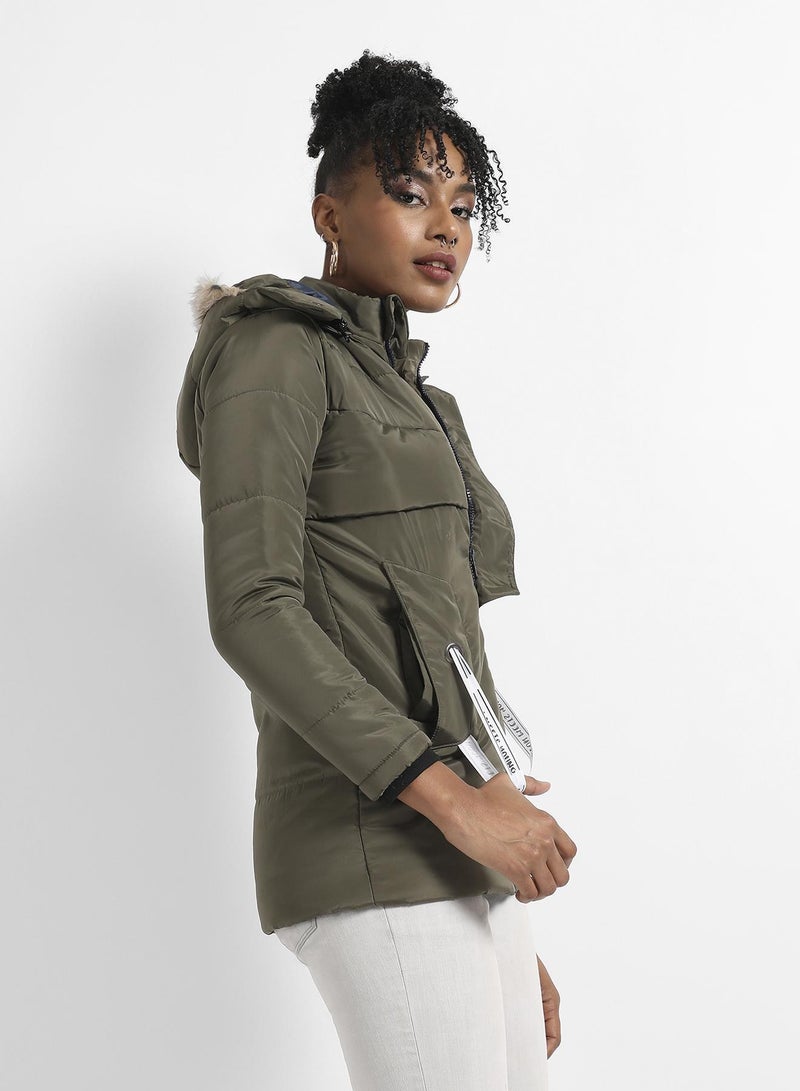 PINACOLADA Women's Olive Green Long Puffer Jacket With Fur Detail - Image 3