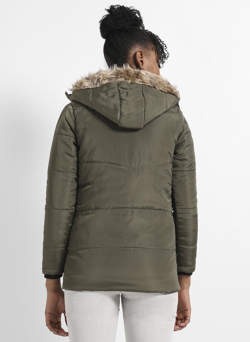PINACOLADA Women's Olive Green Long Puffer Jacket With Fur Detail - Image 5