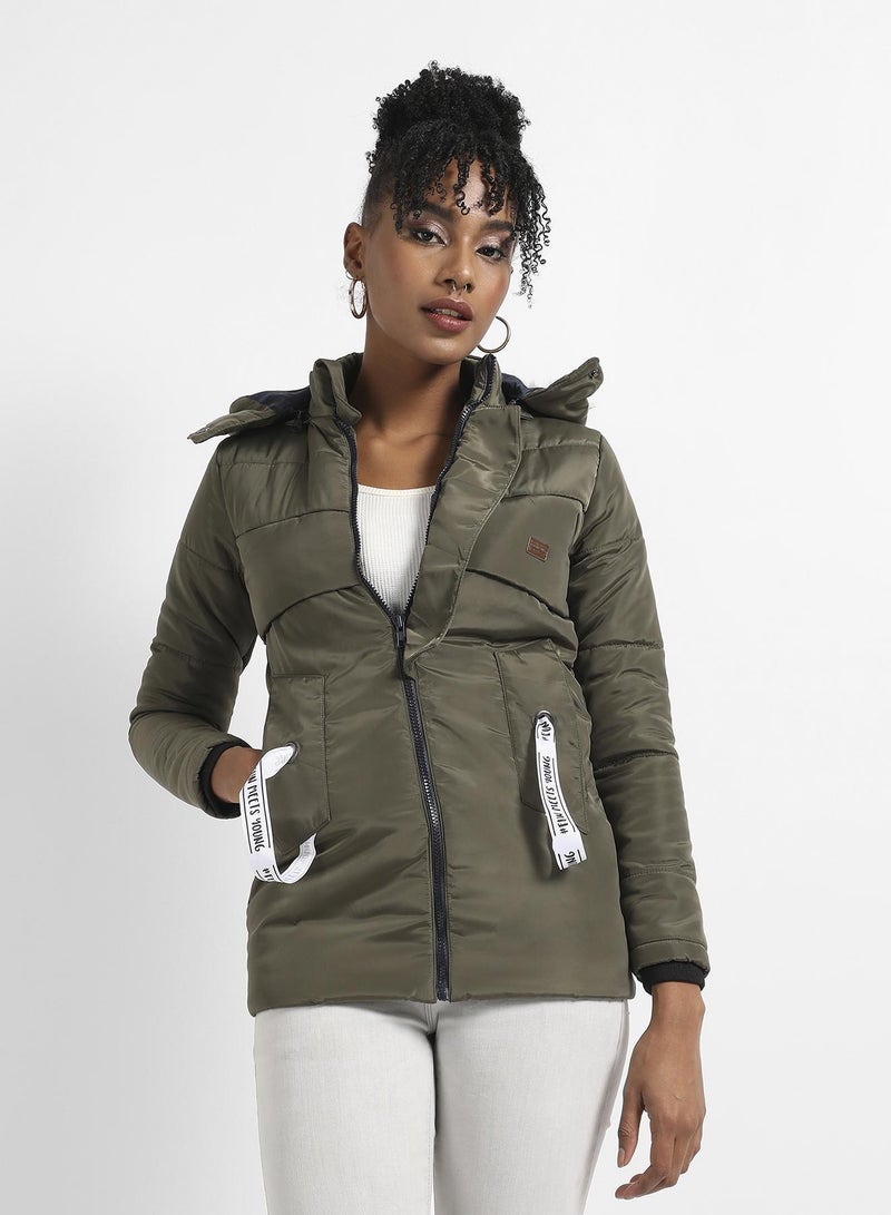 PINACOLADA Women's Olive Green Long Puffer Jacket With Fur Detail - Image 2