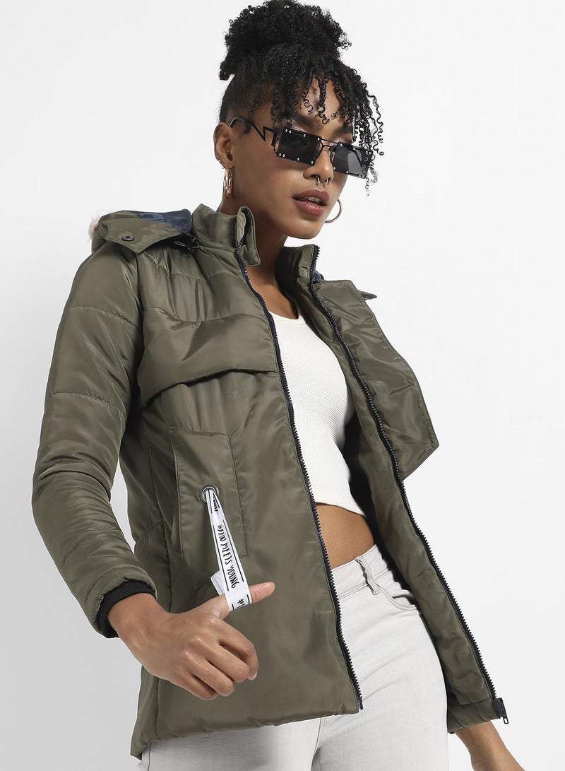 PINACOLADA Women's Olive Green Long Puffer Jacket With Fur Detail - Image 1