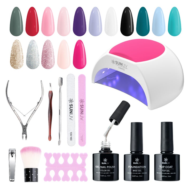 SUNUV Gel Nail Polish Kit with UV Light for Nails SUN2C 48W 16 Colors Gel Polish Sets Base and Top Coat with 8 PCS Manicure Tools Gift for Women