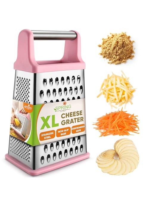 Spring Chef Spring Chef Professional Stainless Steel XL Parmesan Cheese Grater with Handle  4 Sided Box Grater for Kitchen  Dishwasher Safe Carrot Shredder for Potato Vegetables Ginger  Pink Lemonade 
