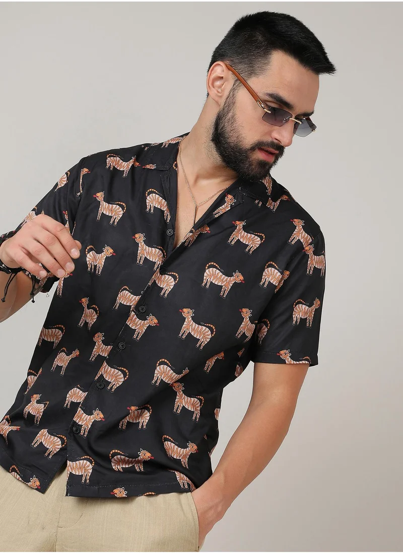 Campus Sutra Men's Midnight Black Tiger Shirt