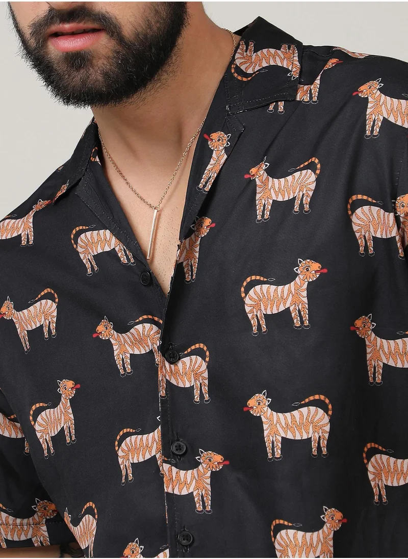 Campus Sutra Men's Midnight Black Tiger Shirt