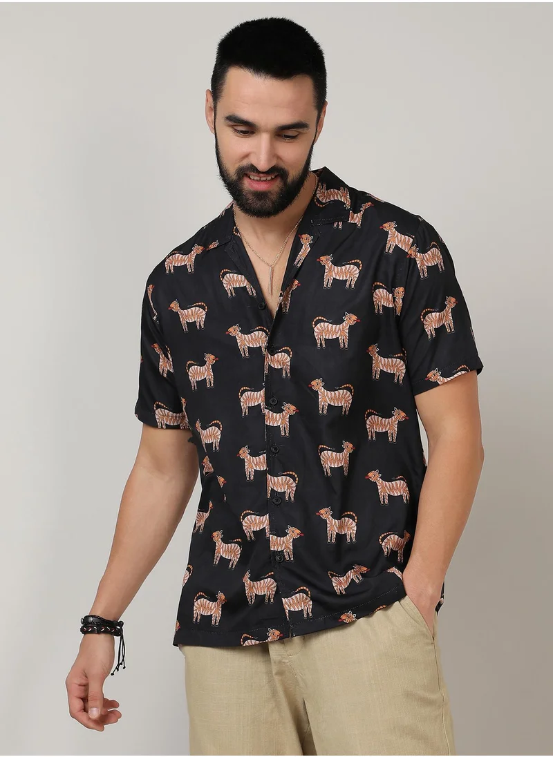 Campus Sutra Men's Midnight Black Tiger Shirt