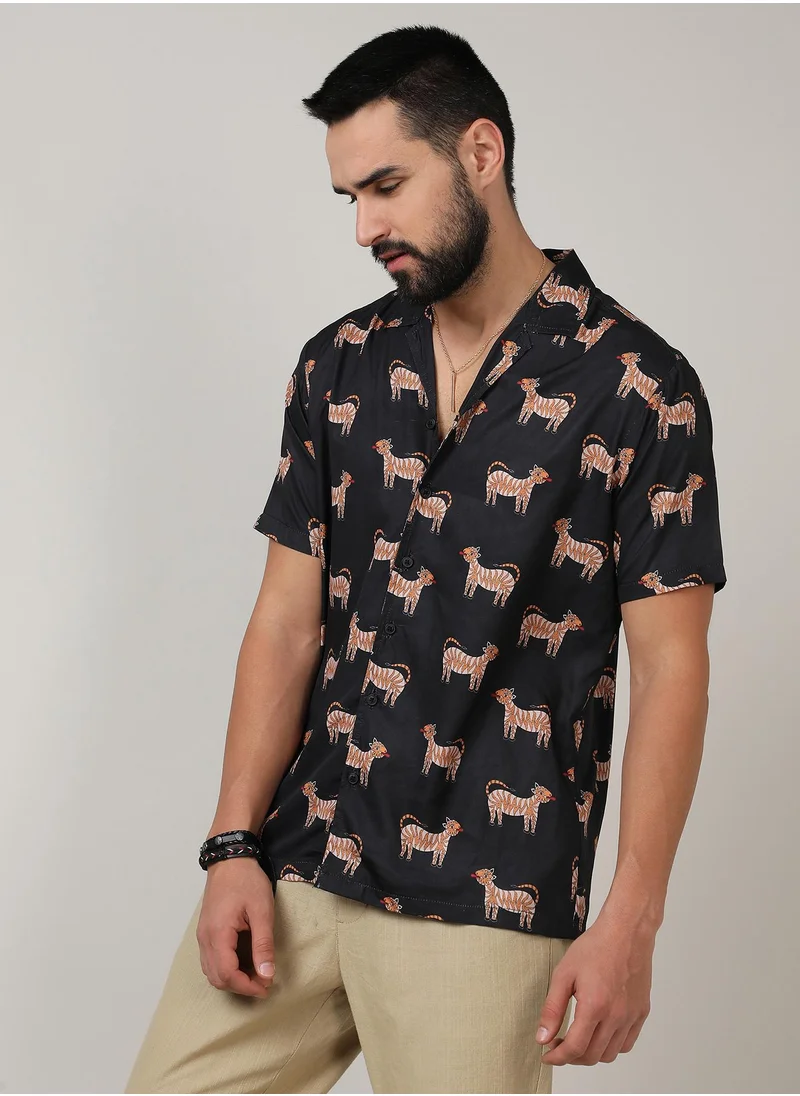 Campus Sutra Men's Midnight Black Tiger Shirt