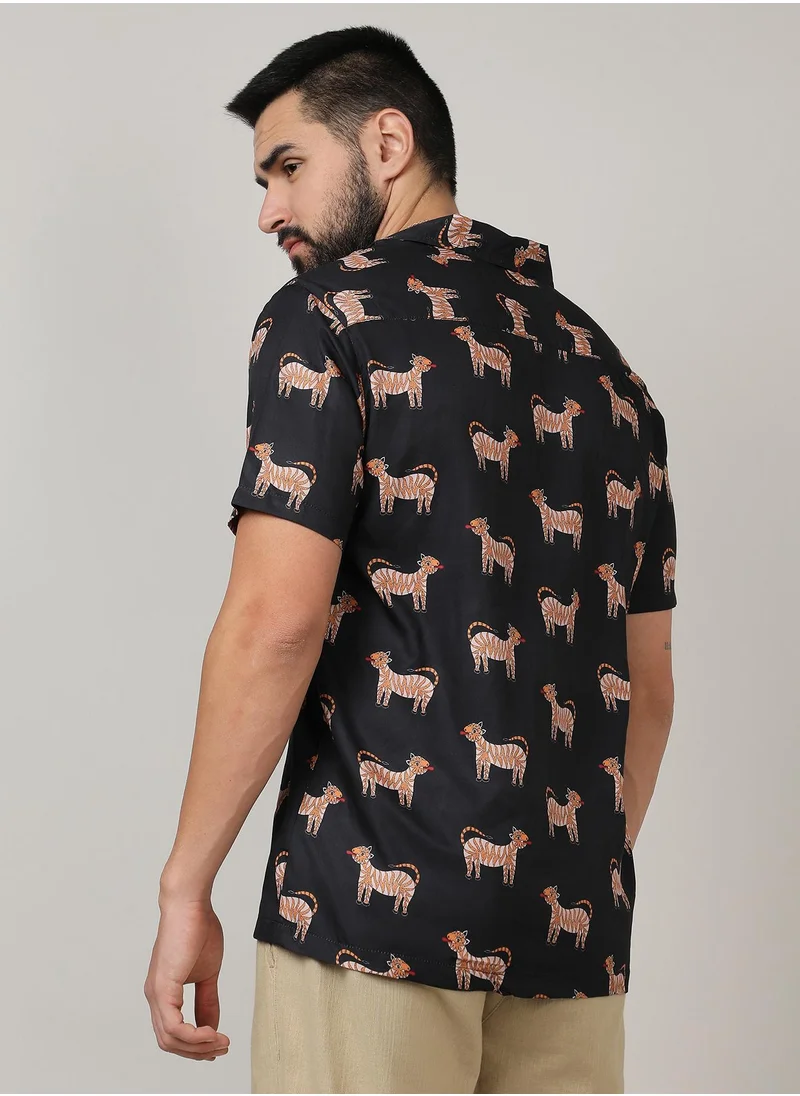 Campus Sutra Men's Midnight Black Tiger Shirt