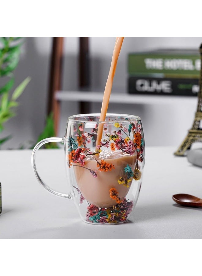 10oz Double Wall Flower Embedded Glass Mug, Heat Resistant Handheld Drinking Cup, Stylish Clear Glass Cup for Coffee Tea Milk Daily Drink - Image 3