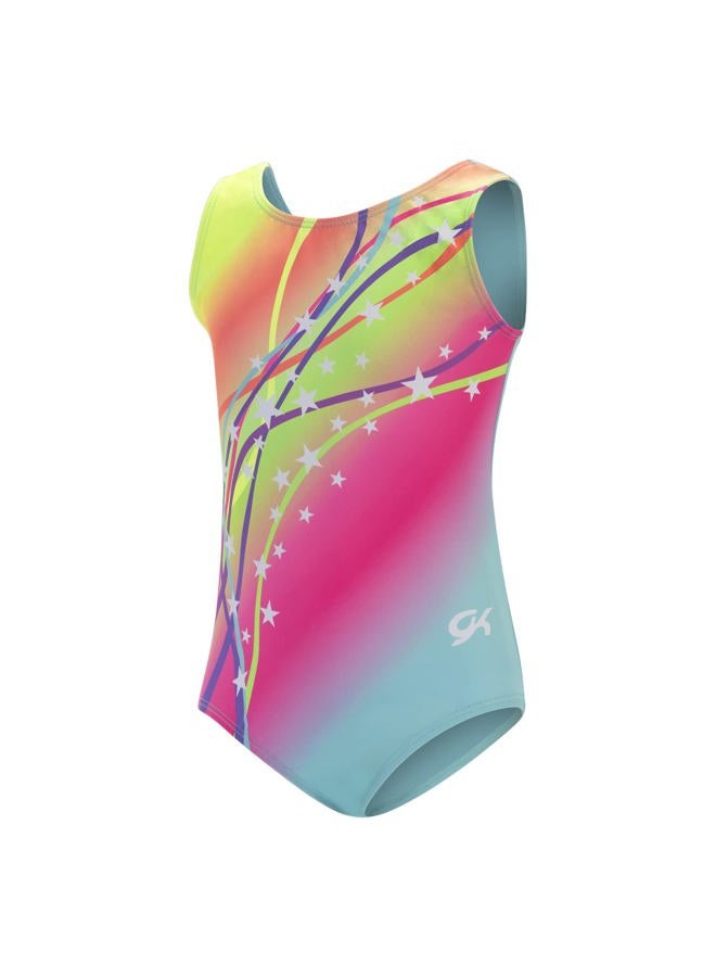 GK Stars Gymnastics & Dance Leotard for Girls and Toddlers - Activewear One Piece Outfit in Fun Colorful Prints (Child Large, Rainbow Starburst) - Image 1