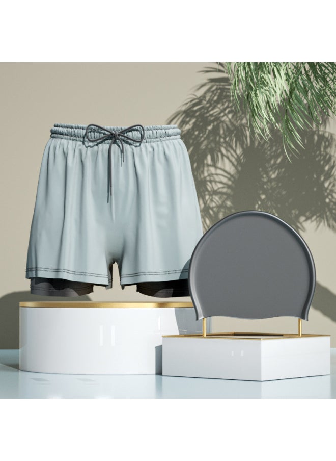 Generic - Swimming Trunks Men's 2025 Anti-embarrassment Hot Spring Pants Swimming Cap Swimming Goggles Three-piece Set Of Swimming Equipment Full Set Of Direct Sales-Colour:[gray] Double Layer Swimming Trunks + Swimming Cap- - Image 1