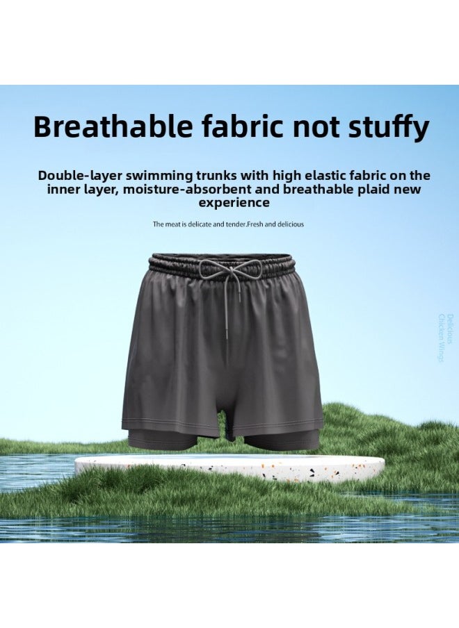 Generic - Swimming Trunks Men's 2025 Anti-embarrassment Hot Spring Pants Swimming Cap Swimming Goggles Three-piece Set Of Swimming Equipment Full Set Of Direct Sales-Colour:[gray] Double Layer Swimming Trunks + Swimming Cap- - Image 1