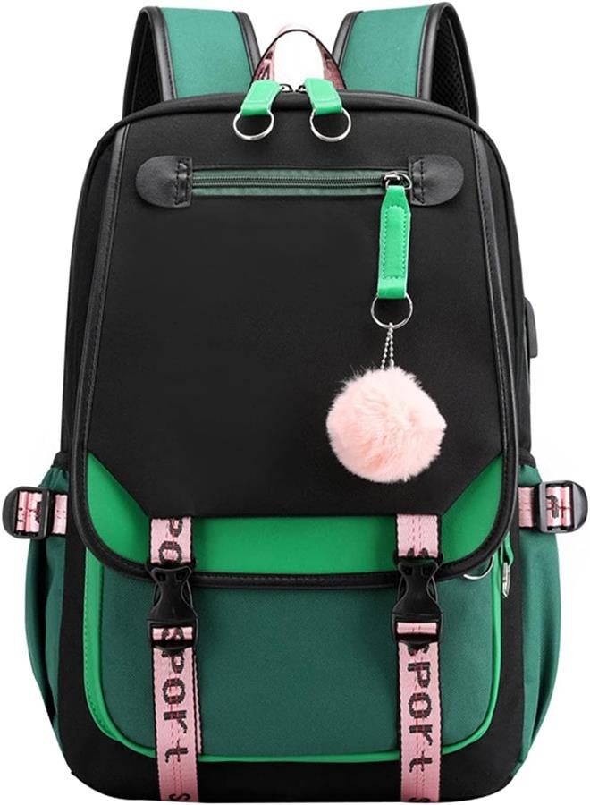 حقيبة ظهر للفتيات المراهقات حقيبة سفر خارجية لطلاب المدارس الإعدادية مع منفذ شحن USB (21 لتر، أخضر أسود) - Image 1