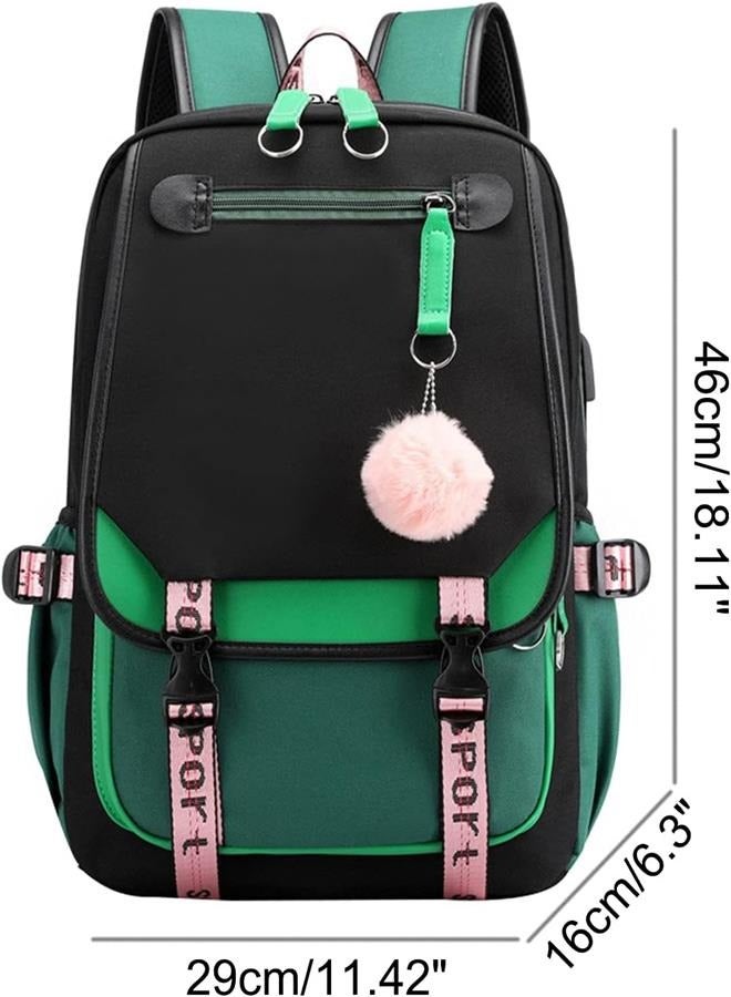 حقيبة ظهر للفتيات المراهقات حقيبة سفر خارجية لطلاب المدارس الإعدادية مع منفذ شحن USB (21 لتر، أخضر أسود) - Image 2