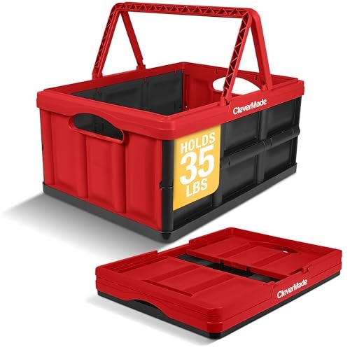 CleverMade Collapsible Shopping Basket 32L Folding Grocery Basket with Handles Stackable Reusable Storage Crate with 35 lb Capacity Recycled Plastic Car Trunk Organizer Red - Image 1