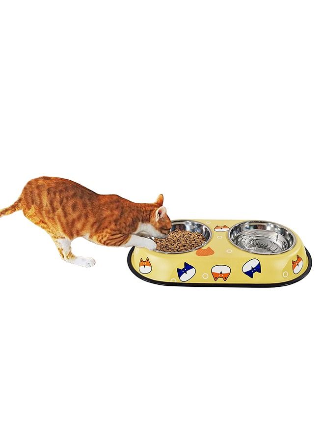 MAJIBAO Dog & Cat Food & Water Feeder in Stainless Steel Bowls, Small Size Bowls, Rubber or Silicon Grip for No Sliding, Metal Casing or Bowls Holder, Yellow Color, Bowl Diameter 12 Cm  - Image 1