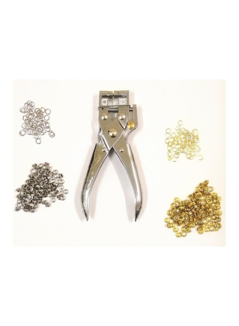 Eyelets Pliers, For punching and pressing  Eyelets (1X2) with 200 Eyelets set =(100 golden colour+100 metal colour) , size 4 mm, punches up to 25 sheets of 80 g, 28 sheets of 70 g, - Image 1