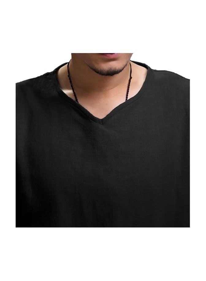 S SYMEFER Mens Linen Shirts Cotton Grandad Shirt Long Sleeve Tops Hippie T Shirts Tops Blouse Loose Fit Basic Tunic Tops Casual Office Work Shirt, Black-XL - Image 3