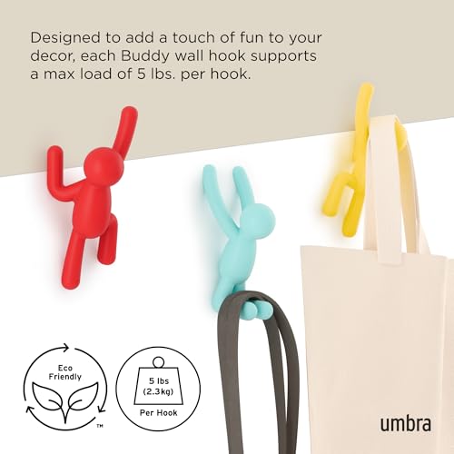 UMBRA خطافات حائط أمبرا بادي - خطافات معطف مزخرفة مثبتة على الحائط لتعليق المعاطف، الأوشحة، الحقائب، المحافظ، حقائب الظهر، المناشف والمزيد، مجموعة من 3، متعددة الألوان الساطعة - Image 5
