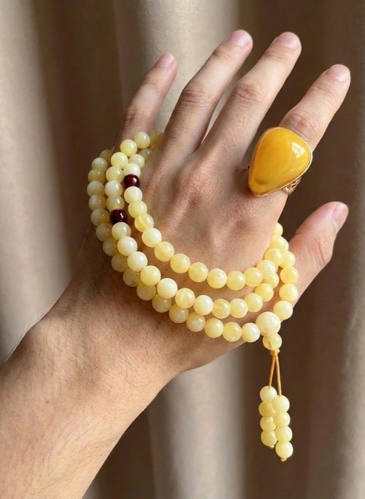 عام مجموعة مكونة من 99 خرزة تسبيح من الكهرمان الصناعي وخاتم مفتوح للرجال / سبحة / 6 مم - Image 1