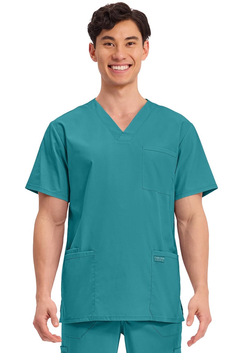 Cherokee Men's V-Neck Top Traditional fit with 4 Pockets, Ultra Soft, Durable, Fade Resistant, 2-Way Stretch Fabric - WW695, L, Teal Blue