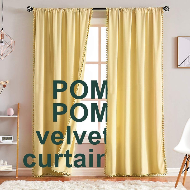 Treatmentex Yellow Velvet Curtains for Living Room 63 Soft Luxury Window Drapes Pom Pom Fringe Curtain Panels Decorative Cotton Feel Soft Curtains for Kids Room 2 pc