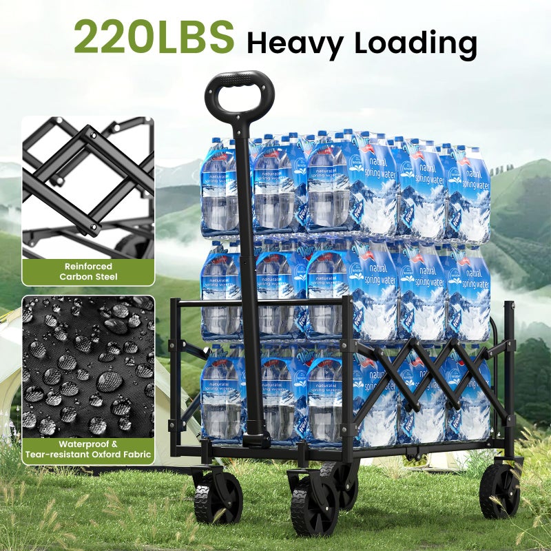 Blomoba 220LBS Foldable Wagon with All-Terrain Wheels, Portable Wagon Cart with Extended Tailgate, Adjustable Handle, Utility Cart for Camping, Shopping, Garden, Sports, Grocery, Black - Image 3