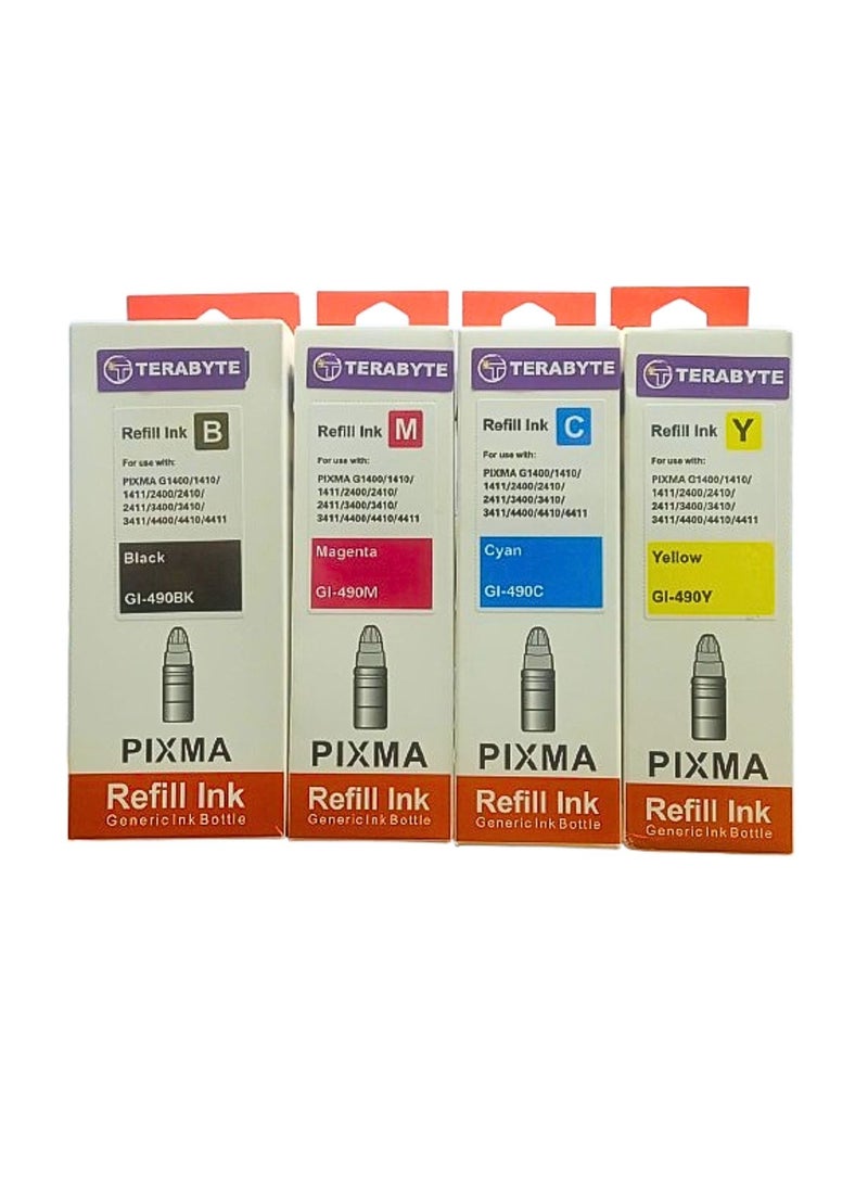 Terabyte حبر 490 لمجموعة كانون (4 عبوات أسود أزرق سماوي أرجواني أصفر) حبر لـ GI 490 لـ PIXMA G3400 G2400 G1400 G4400 G1411 G2411 G3411 G4411 G4410 G3410 - Image 1