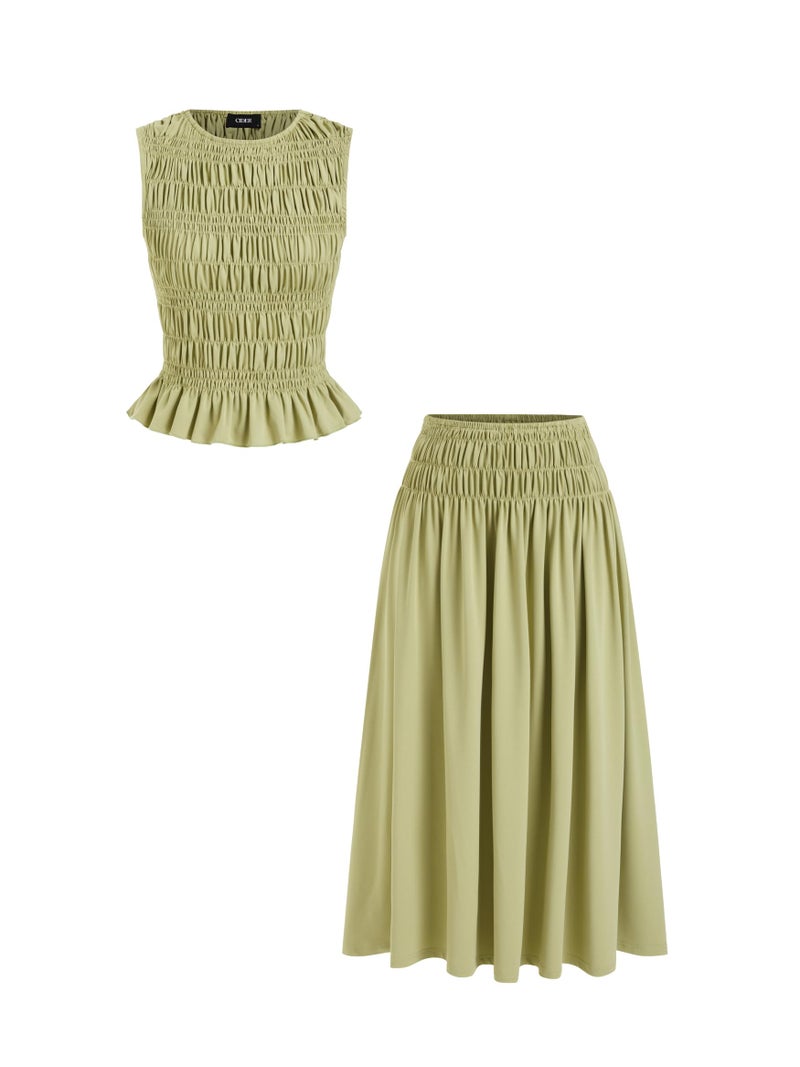 CIDER Two Piece Sets for Women Sleeveless Tops Pleated Peplum Hem Midi Long Flowy Skirt 2026 Summer Casual Wear - Image 1
