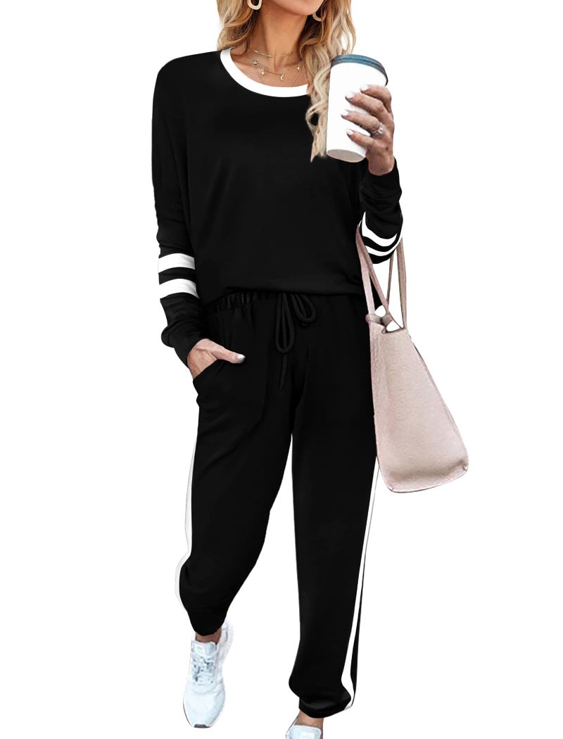 Aloodor Lounge Sets for Women Loungewear Set Casual Stripe Sleeve Tops Date Outfits Fashion Clothing Black S - Image 1