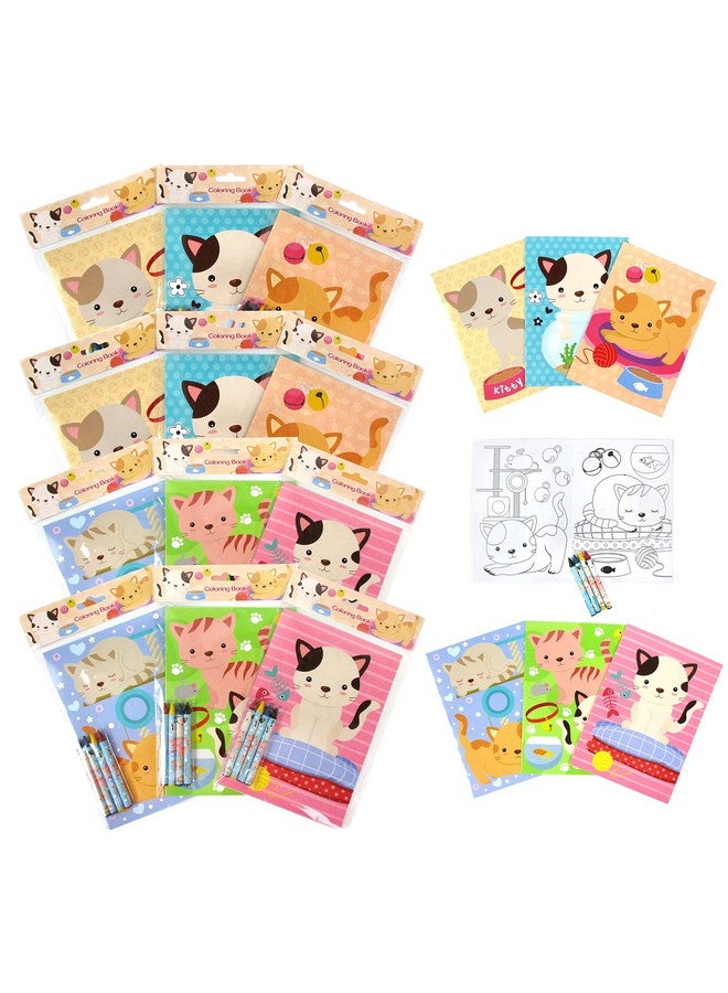 TINYMILLS Cats and Kittens Coloring Books for Kids with 12 Coloring Books and 48 Crayons, Cat Birthday Party Favors, Favor Bag Fillers, Classroom Rewards, Carnival Prizes - Image 1