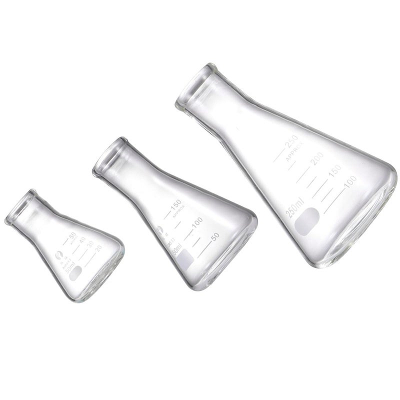 Garneck 3pcs Thickened Glass Erlenmeyer Flasks Set 50ml 150ml 250ml Conical Laboratory Glassware for Chemistry Students Scientific Experiments - Image 1