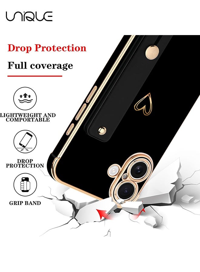 يونيك متوافق مع غطاء iPhone 17 - حزام معصم قابل للتعديل وحامل مدمج - رفاهية وتغليف ذهبي فخم بشكل قلب لطيف - حواف مرتفعة لحماية مقاومة للصدمات لجهاز iPhone 17 - غطاء واقٍ للرجال والنساء - أسود - Image 2