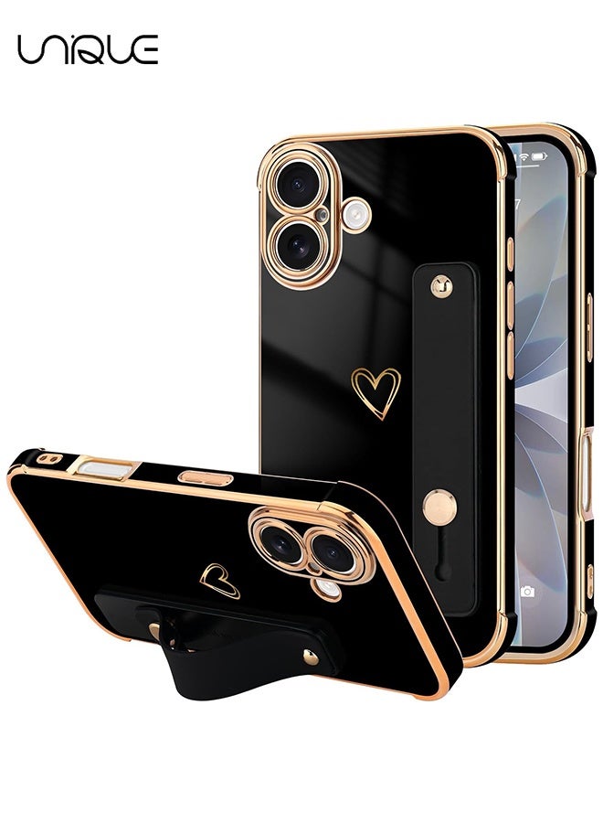 يونيك متوافق مع غطاء iPhone 17 - حزام معصم قابل للتعديل وحامل مدمج - رفاهية وتغليف ذهبي فخم بشكل قلب لطيف - حواف مرتفعة لحماية مقاومة للصدمات لجهاز iPhone 17 - غطاء واقٍ للرجال والنساء - أسود - Image 1