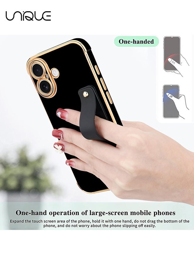يونيك متوافق مع غطاء iPhone 17 - حزام معصم قابل للتعديل وحامل مدمج - رفاهية وتغليف ذهبي فخم بشكل قلب لطيف - حواف مرتفعة لحماية مقاومة للصدمات لجهاز iPhone 17 - غطاء واقٍ للرجال والنساء - أسود - Image 4