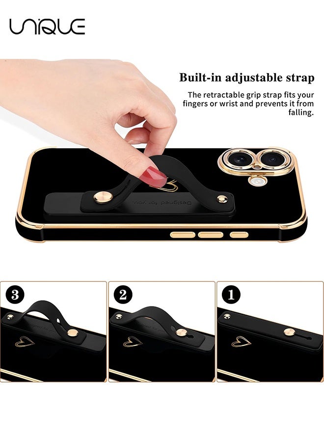 يونيك متوافق مع غطاء iPhone 17 - حزام معصم قابل للتعديل وحامل مدمج - رفاهية وتغليف ذهبي فخم بشكل قلب لطيف - حواف مرتفعة لحماية مقاومة للصدمات لجهاز iPhone 17 - غطاء واقٍ للرجال والنساء - أسود - Image 3
