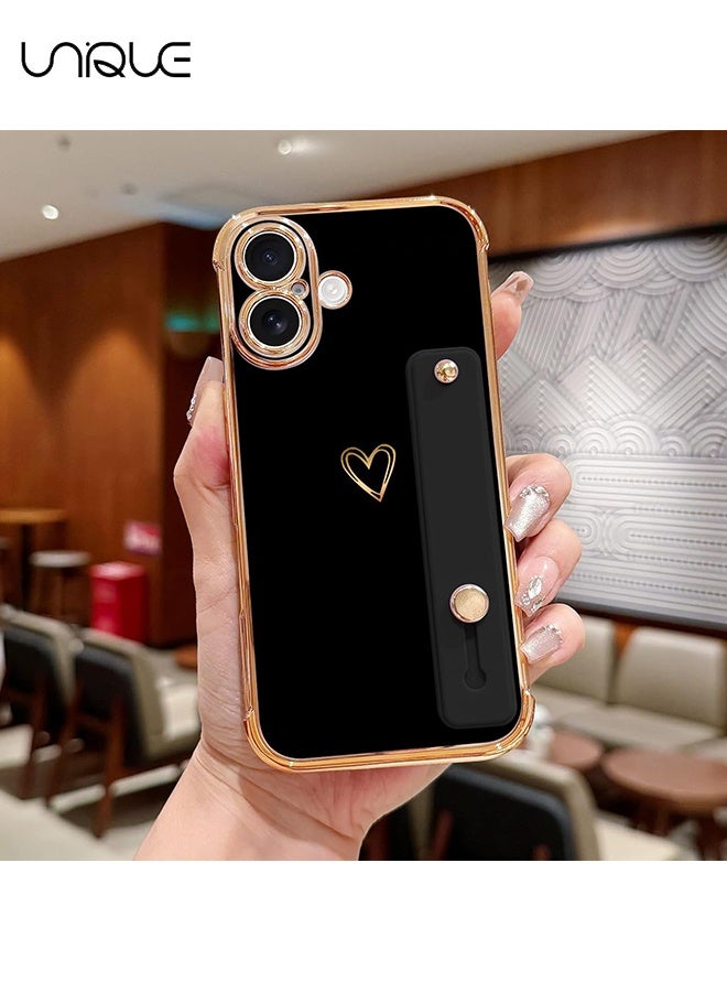 يونيك متوافق مع غطاء iPhone 17 - حزام معصم قابل للتعديل وحامل مدمج - رفاهية وتغليف ذهبي فخم بشكل قلب لطيف - حواف مرتفعة لحماية مقاومة للصدمات لجهاز iPhone 17 - غطاء واقٍ للرجال والنساء - أسود - Image 5