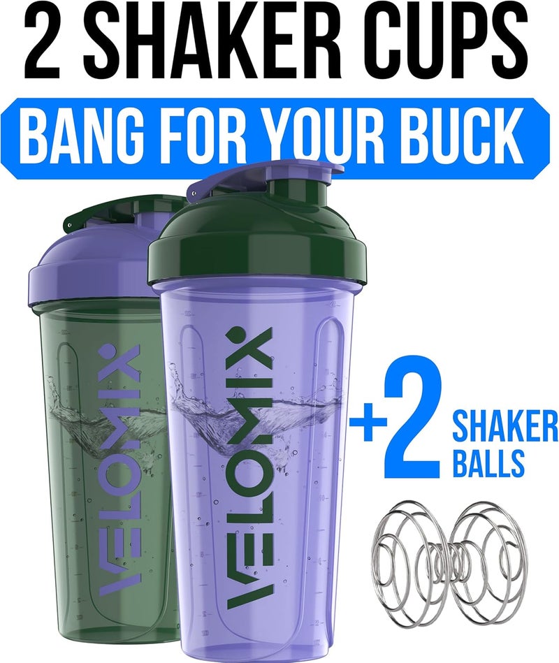 VELOMIX -2 Pack- 28 oz Protein Shaker Bottles for Protein Mixes - 2x Wire Whisk | Leak Proof Shaker Cups for Protein Shakes | Protein Shaker Bottle Pack (Green/Purple) - Image 2