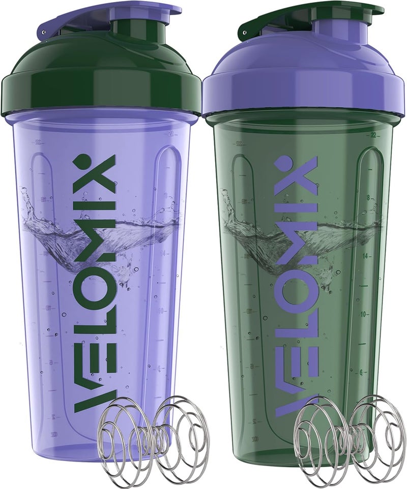 VELOMIX -2 Pack- 28 oz Protein Shaker Bottles for Protein Mixes - 2x Wire Whisk | Leak Proof Shaker Cups for Protein Shakes | Protein Shaker Bottle Pack (Green/Purple) - Image 1