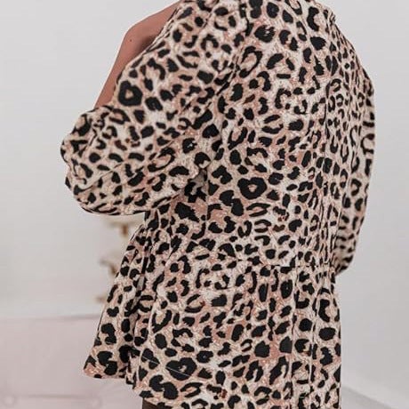 Women Tie Front Tops Leopard Printed Ruffle Babydoll Tops 3/4 Length Puff Sleeve Leopard print