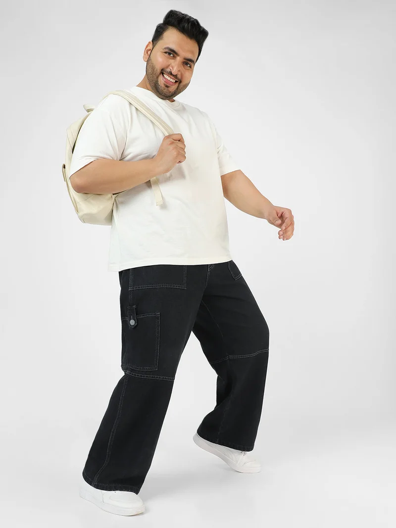 Urbano Fashion  Urbano Plus Men's Dark Grey Loose Baggy Fit Washed Cargo Jeans with 6 Pockets Non-Stretchable  | Best Price UAE