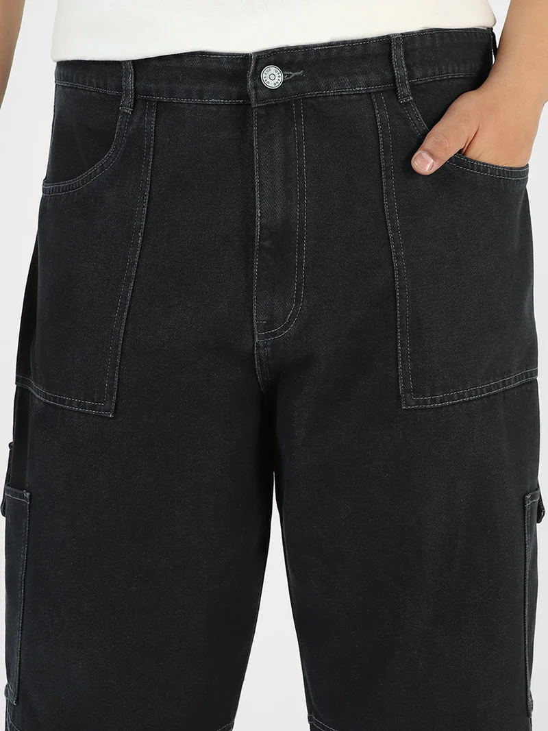 Urbano Fashion  Urbano Plus Men's Dark Grey Loose Baggy Fit Washed Cargo Jeans with 6 Pockets Non-Stretchable  | Best Price UAE